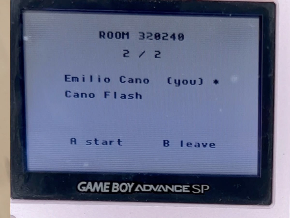 The SDK lobby example on a GBA SP: a room with two players ready to start