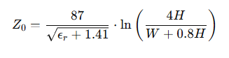 Equation for microstrip impedance calculation with trace width and dielectric constant