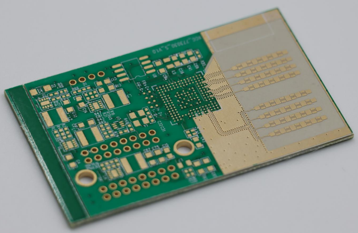 Illustration of PCB layout design with component placement, copper traces, power and ground planes, and routing considerations.