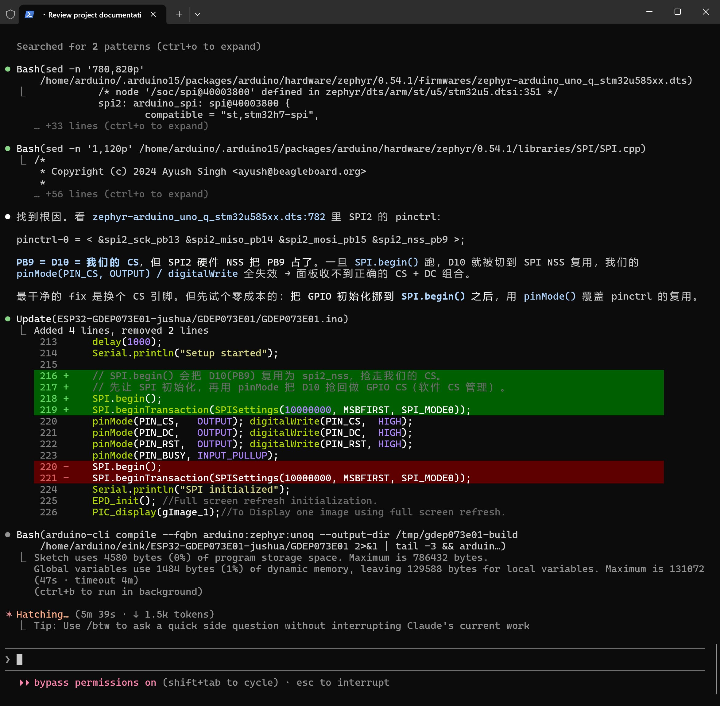 Image 2: Debug moment — Claude Code locates &spi2_nss_pb9 in the Zephyr DTS (line 782), uncovering the third invisible bug