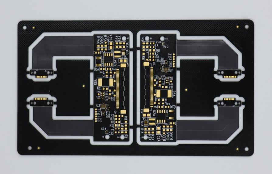 Close-up view of a stacked PCB board with visible layers and interconnect vias for circuit assembly Close-up view of a stacked PCB board with visible layers and interconnect vias for circuit assembly