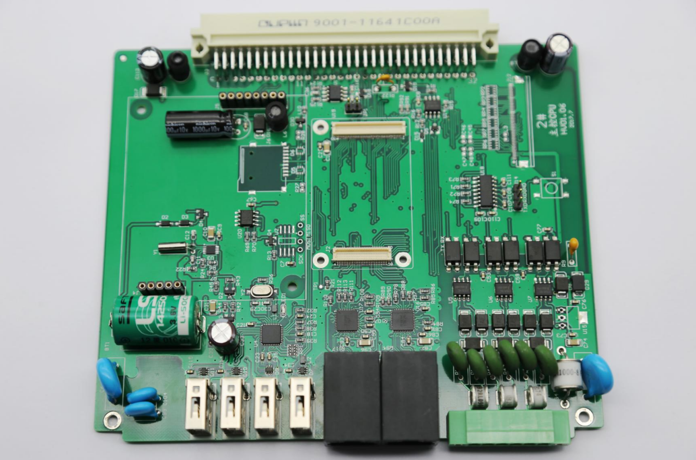 SMD PCB assembly close-up showing surface-mount device components soldered on a printed circuit board, illustrating modern SMT manufacturing, high-density electronic circuit design, and PCB assembly process for electronic devices.