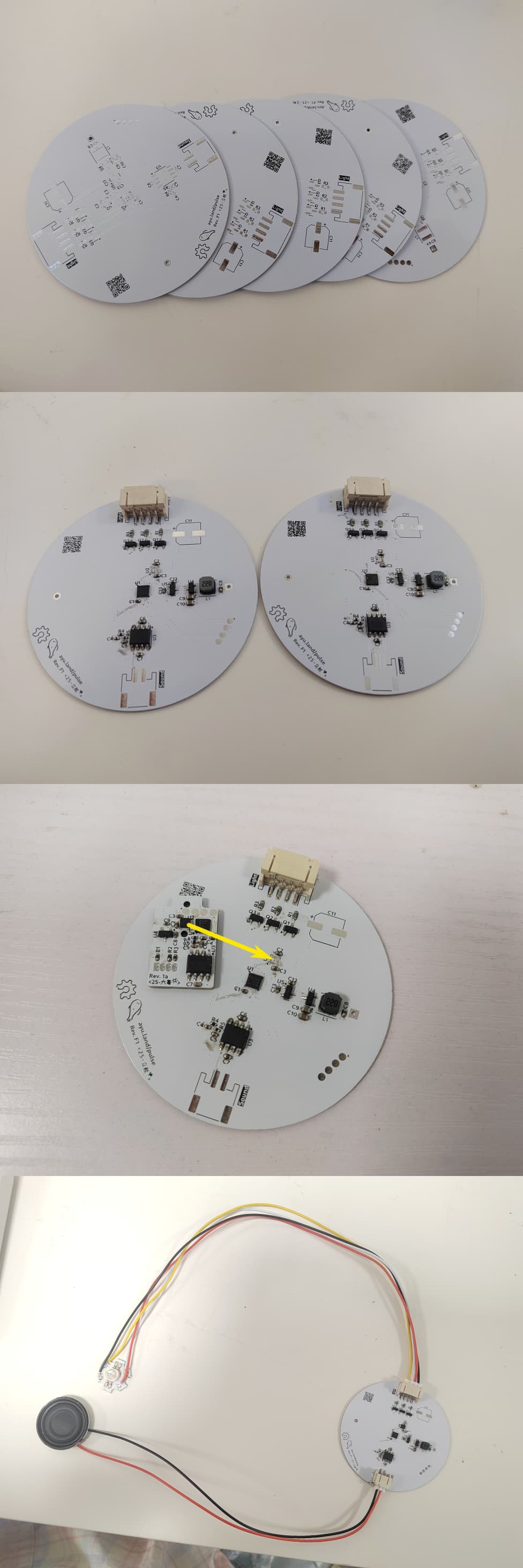   Steps of assembly: (1) empty circuit boards; (2) mounted components; (3) borrowing a component from another board; (4) plugged-in LED and speaker.