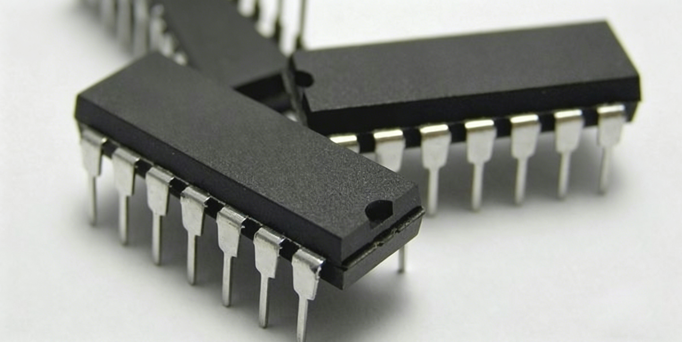 Close-up of a Dual Inline Package (DIP) component with two parallel rows of pins for through-hole mounting on a PCB.