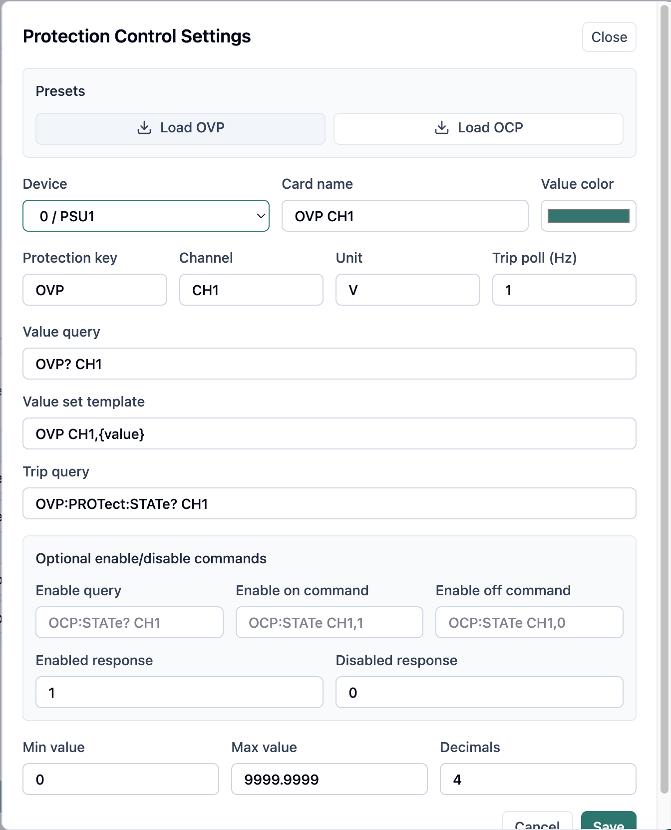 Protection Control Widget Settings