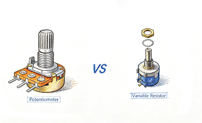 Potentiometer vs variable resistor comparison showing differences in circuit function, terminals, voltage divider, and adjustable resistance