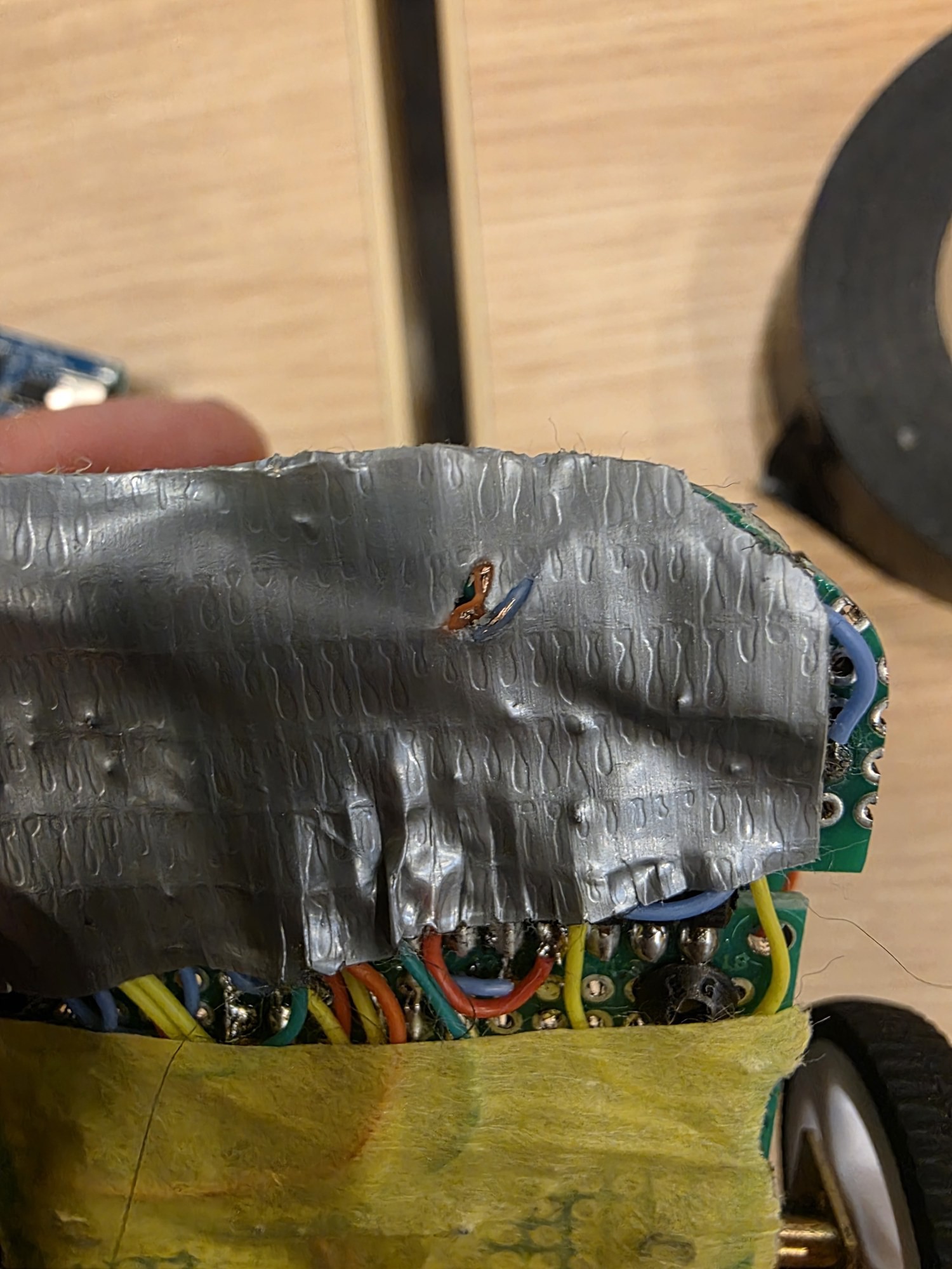 Wiring taped down during the overnight fixes before the contest.