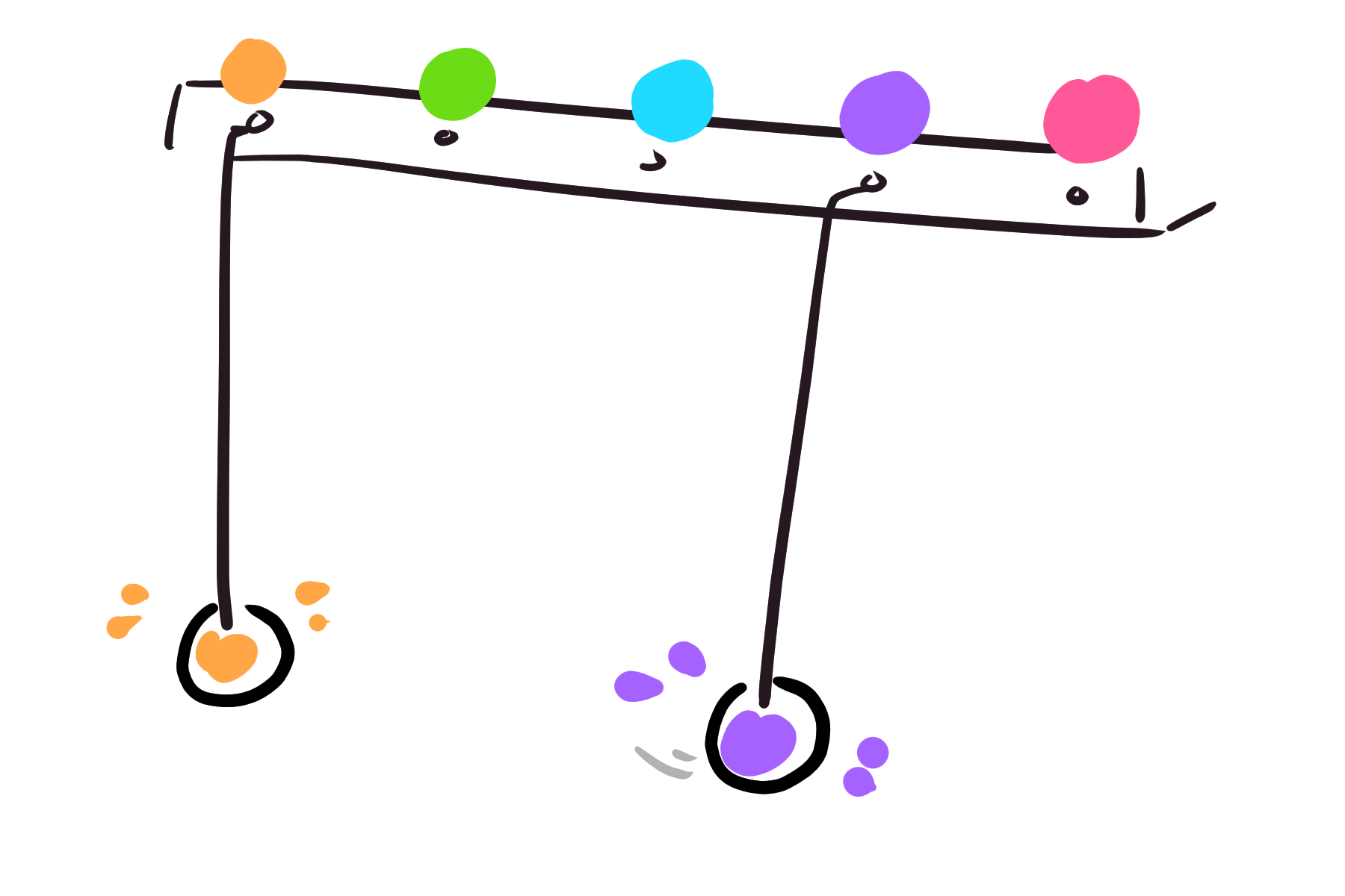Illustration of the construction: balls hanging down from a rack with coloured lights