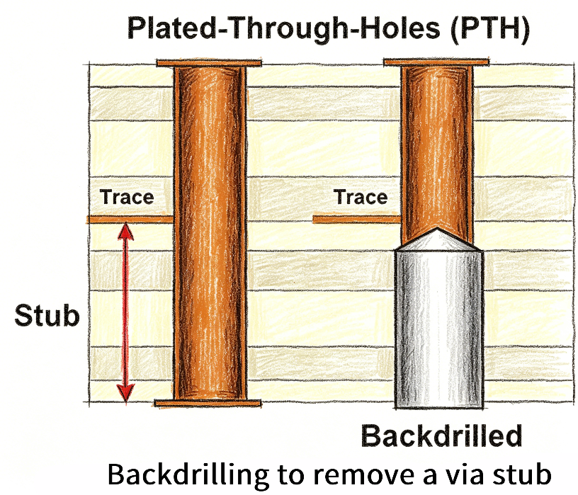 Illustration of PCB back drilling process removing a via stub to improve signal integrity in high-speed circuit boards.