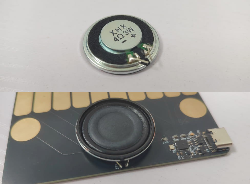 Montage of the assembly process: (1) the speaker with wires soldered on; (2) the speaker soldered to the board.