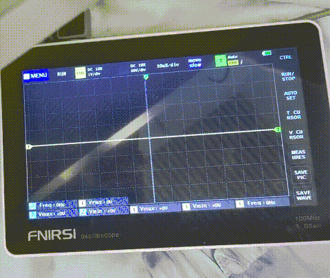 Oscilloscope recording. As time passes, loops between: (1) straight 0 V reading; (2) 2.4 Vp-p centred at 0 V, 23.5-kHz triangle wave; (3) triangle wave superimposed by an oscillation at lower frequency.